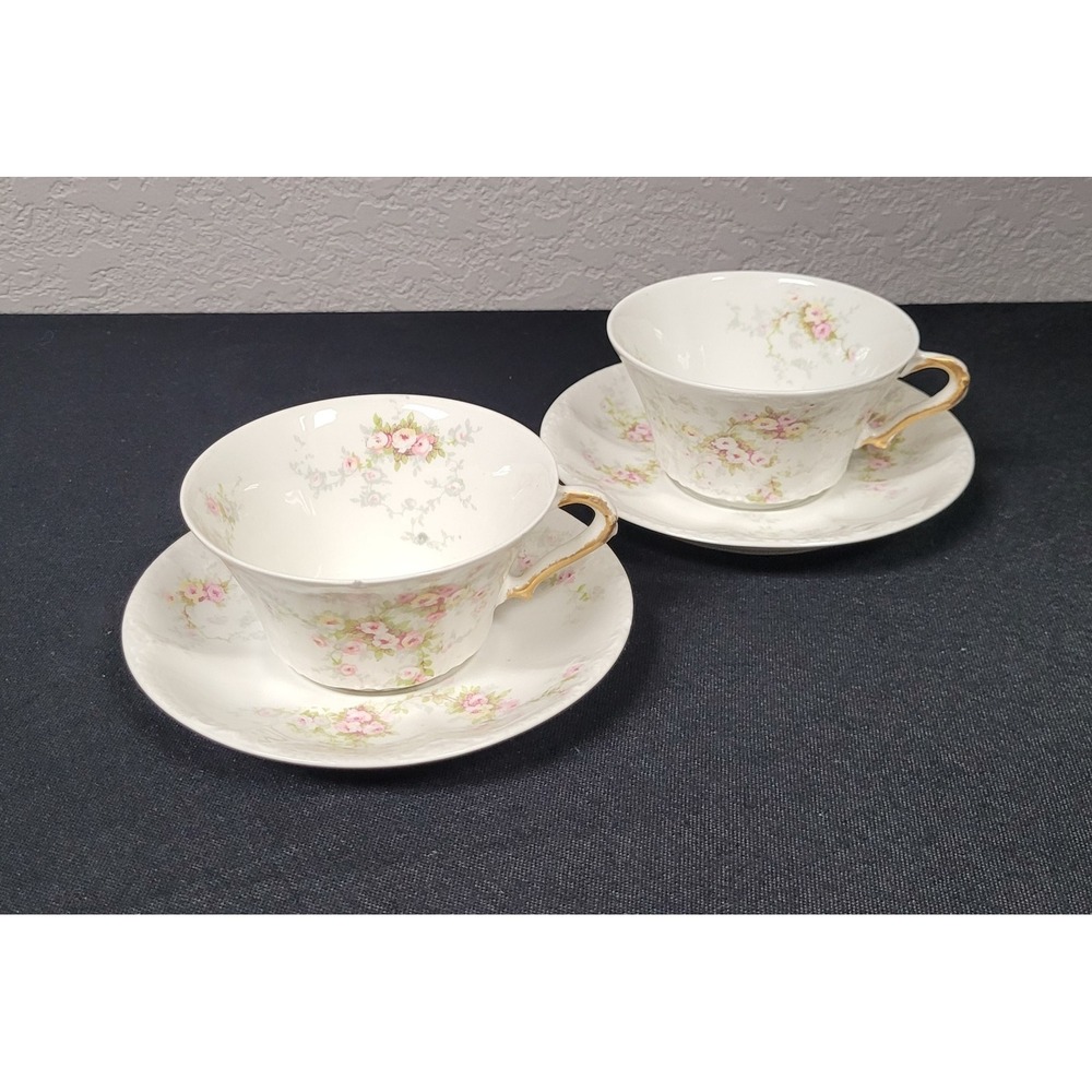 Antique Theodore Haviland Limoges France Teacup Saucer Set Roses Set of 2 - Read
